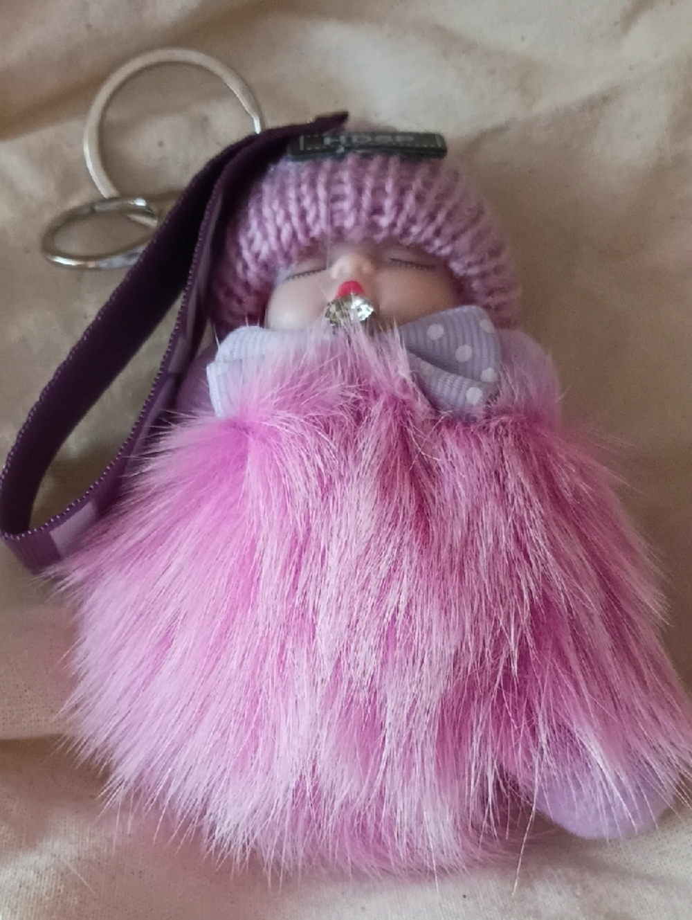 Plush Pink Fur Doll Keychain with Knitted Hat - Kids Accessories